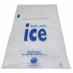 Clear LDPE ice bags with standard twist-tie closure, FDA compliant for food contact. Flat pack design, 8 lb capacity, supplied in cases of 1,000. Suitable for storing and dispensing ice in commercial foodservice and hospitality settings.