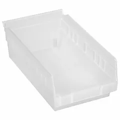 This clear polypropylene shelf bin measures 11 5/8 inches overall length by 6 5/8 inches wide and 4 inches deep. It is nesting capable for compact storage when not in use and is not hangable. The transparent body allows visual identification of contents, suitable for organizing small parts on industrial shelving, workstations, and storage racks.