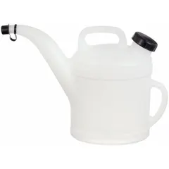 This 4-quart measuring container features an angled pour spout for controlled dispensing. Its translucent body allows easy level monitoring. Suitable for measuring and transferring fluids in workshop and industrial fluid handling tasks.