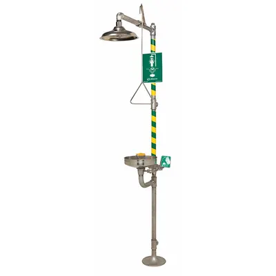 HAWS Shower with Eyewash: Floor Mnt, Uncovered, Stainless Steel Bowl - Floor-Mount Showers with Eyewash
