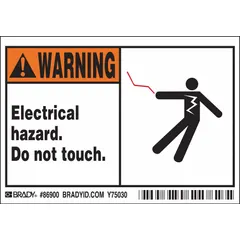 Adhesive-mounted polyester sign warning of electrical hazards. Nominal size 3 1/2 x 5 inches, 0.01 inch thick. Not retroreflective or glow-in-the-dark. Suitable for marking equipment, panels, or walls in industrial environments.