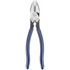 Multipurpose lineman's pliers with a 9 3/8 in overall length, 1 5/8 in jaw length, 1 1/4 in jaw width, and 5/8 in jaw thickness. Flat jaw design with conduit reaming nose and dipped handles. Used for cutting, gripping, bending, and twisting wire, as well as reaming conduit ends.