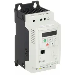The EATON PowerXL DC1 is a compact variable frequency drive that converts single-phase input to three-phase output. It delivers 1/2 hp with a maximum output current of 2.3 A. Suitable for speed control of three-phase motors in applications such as pumps, fans, and conveyors.