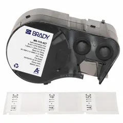 Vinyl wraparound label with white matte finish, measuring 1 1/4 in x 1 1/2 in. Designed for wire gauges 10 AWG to 6 AWG. Compatible with M510 printer series and requires R4300 ribbon. Used for permanent identification of wires in electrical panels, data centers, and manufacturing facilities.