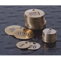 Round brass valve tags with number sequence 001-025, 0.04 in thick, supplied in a pack of 25. Used for identifying valves, pumps, and piping in industrial facilities.