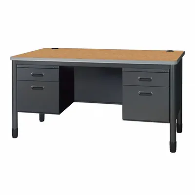 REGENCY Double Pedestal Desk: Laminate, Oak, 2 Pedestals, 6 Drawers, 60 in Overall Wd - Pedestal Desks