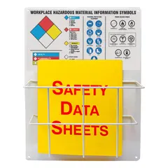 Wall-mount safety information center for Haz Comm use. Overall height 20 in, overall width 15 in. Mounting hardware not included.