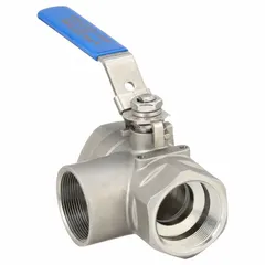 This three-way ball valve features an L flow pattern for diverting or mixing flow in piping systems. Constructed from 316 stainless steel, it offers corrosion resistance for industrial applications. Connections are female NPT on all three ports. The locking lever handle allows secure position control.