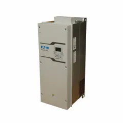 The Eaton PowerXL DG1 is a variable frequency drive with three-phase output at 525-600V AC, delivering 100 hp and 80 A maximum output current. It features a white enclosure and is designed for industrial high-performance applications such as controlling three-phase AC motors in pumps, fans, conveyors, and compressors.