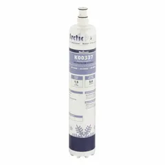 This quick-connect filter is designed for appliance water pre-filter systems, reducing sediment with graded density carbon media. It features an 8 gpm flow rate and 8,000-gallon capacity, with overall dimensions of 17 1/8 inches height and 6 inches diameter.