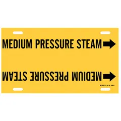 Yellow pipe marker with black legend reading 'Medium Pressure Steam' and directional arrows. Fits pipe outer diameters of 10 to 15 inches. Used to identify medium pressure steam lines in industrial piping systems.
