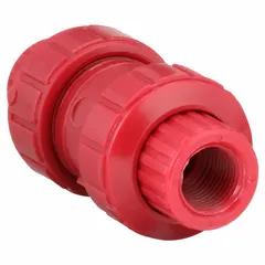 Inline ball check valve with PVDF body and ball, 1/2 in FNPT connections. Prevents backflow in piping systems handling corrosive fluids. Suitable for chemical processing and water treatment applications.