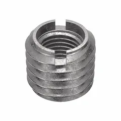 Heavy wall self-locking thread insert for repairing or reinforcing tapped holes in metal, plastic, or wood. Internal thread 3/8"-24 UNF (2B fit), external thread 9/16"-12 UNC (2A fit), compatible with 9/16"-12 tap. Supplied as a 5-pack.