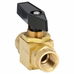 This straight brass ball valve features a standard port ball port and FNPT x FNPT connections. It is operated by a lever handle and designed for panel-mount installation. Typical applications include flow control in instrumentation panels, lubrication lines, and low-pressure fluid systems.