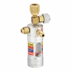 Aluminum flow indicator with 1/4 in male flare connections on both ends. Provides visual confirmation of nitrogen flow in gas systems, commonly used during purging, pressure testing, or blanketing operations in HVAC, refrigeration, and process piping.