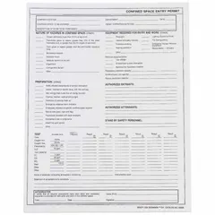 This black/white paper permit documents safe entry procedures for confined spaces. It is used to record atmospheric tests, hazards, and authorized workers during confined space operations. The form measures 8 1/2 in x 11 in and is designed for use with Mfr. No. 65903.