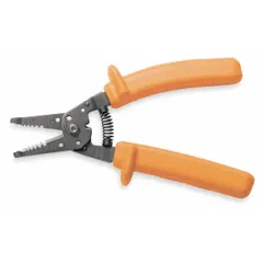 This insulated wire stripper is designed for stripping solid wire from 18 AWG to 10 AWG. The 8-inch tool features steel construction with a standard cushion grip handle. Suitable for electrical installation, maintenance, and repair tasks in industrial environments.