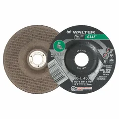 General purpose grinding wheel for soft metals. Type 27 depressed center design with 24 grit for deburring, weld blending, and surface preparation on aluminum and non-ferrous materials. Dimensions: 4-1/2" diameter, 1/4" thickness, 7/8" arbor hole.