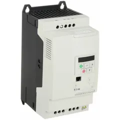 Compact variable frequency drive for controlling three-phase AC motors. White enclosure, three-phase output, 10 hp, 18 A maximum output current. Suitable for conveyors, pumps, fans, and compressors.