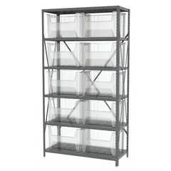 This metal stationary bin shelving unit features a gray steel frame and includes 12 clear polymer open-front stacking bins. Each bin measures 12-7/16 in x 19-7/8 in x 15-1/4 in. The one-sided design provides organized storage for small parts and components in industrial facilities, warehouses, and workshops.