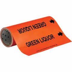 Orange adhesive pipe marker with black legend reading 'Green Liquor' and directional arrows. Designed for pipe outer diameters from 2-1/2 to 6 inches. Each roll contains 30 markers. Used to identify piping carrying green liquor in industrial facilities.