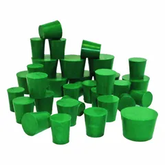 Solid neoprene stopper for sealing laboratory flasks, test tubes, and bottles. Size 2 with 20 mm top diameter, 16 mm bottom diameter, and 25 mm height. Green color, 0 holes, suitable for general-purpose stoppering in chemistry and biology applications.