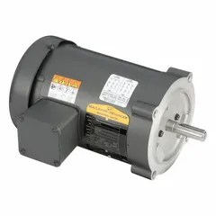 Totally enclosed fan-cooled (TEFC) 3-phase AC motor with C-face mounting. Rated 3/4 hp, 1760 RPM at 60 Hz, 460V AC, full load current 1.5/3/3.2 A. Suitable for industrial equipment such as pumps, fans, conveyors, and machine tools requiring continuous operation in dusty or damp environments.