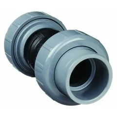 Slip-socket expansion joint with EPDM bulb for chemical piping systems. Absorbs thermal expansion and vibration, protecting pipework from stress and leaks. Rated for 150 psi maximum operating pressure. Overall length 8.63 in, for 1-1/2 in pipe size.