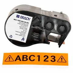 This continuous label roll cartridge is a combined label and ribbon supply for the BMP51 printer series. It provides 1 in x 25 ft of vinyl material with black printing on an orange background. Suitable for industrial labeling applications such as safety warnings and pipe marking.