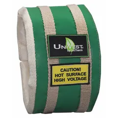 Ceramic fiber insulation jacket for straight pipe sections. Features a Teflon coated fiberglass cloth jacket with buckled strap fastening. Green color. Suitable for use in industrial piping systems to reduce heat loss and protect personnel.