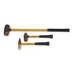 This non-sparking scaling hammer features a 3 lb head and a fiberglass handle in a perpendicular configuration. It is designed for removing scale, rust, and slag from metal surfaces in environments where sparking tools pose a hazard.