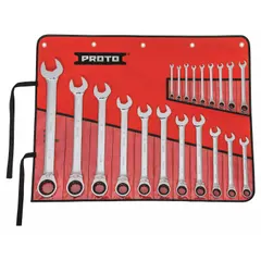 This 20-piece SAE 12-point ratcheting combination wrench set includes wrenches with head sizes ranging from 7/32 in to 1-1/2 in. The wrenches are made of alloy steel with a chrome finish and feature a 12-point ratcheting box end for efficient fastener engagement. The set is stored in a tool roll. Suitable for tightening and loosening fasteners in general maintenance and repair tasks.