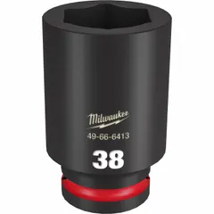 This 3/4" drive impact socket features a 38 mm metric, 6-point, deep configuration with friction retention for secure fastener engagement. Designed for heavy-duty fastening and loosening tasks on industrial equipment, machinery, and automotive assemblies. Black Phosphate finish provides corrosion resistance in demanding environments.
