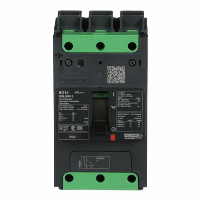 SQUARE D Molded Case Circuit Breaker: 15 A Amps, 100kA at 240V AC, Fixed, Everlink Lug Both Ends - B-Frame Square D Molded Case Circuit Breakers