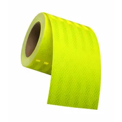 Fluorescent lime reflective tape with acrylic adhesive, 2 inches wide by 50 yards long. Designed for marking locomotives and rail equipment to enhance visibility in low-light conditions. Provides durable bonding to metal or painted surfaces for safety conspicuity.