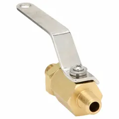 This mini brass ball valve features a straight body with 1/8 in MNPT x MNPT connections and a full port ball port. The lever handle provides manual on/off flow control. Suitable for use in compressed air, water, and oil systems where a compact shut-off valve is required.