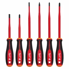 This 6-piece set includes Cabinet, Phillips, and Square tip screwdrivers for electrical work on live circuits up to 1000 V AC. Each tool is insulated for protection when installing, adjusting, or removing screws in panels, terminals, and enclosures.