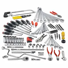 This 98-piece tool set includes lineman's pliers, six Phillips screwdrivers, one 3/8 in drive tool, and 15 combination wrenches. The set provides both Metric and SAE sizing for general maintenance tasks in industrial plants, repair shops, and commercial buildings.
