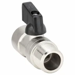 This mini brass ball valve features a nickel-plated brass body with straight configuration and MNPT x FNPT connections. The lever handle provides manual on/off flow control. Suitable for use in water, air, and oil lines in industrial piping systems.