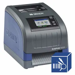 Single-color thermal transfer desktop printer with 4 1/4 in maximum label width. Includes USB cable, battery, and Brady Workstation Design & Print Pro Insert - Product and Wire ID Suite software. Suitable for industrial labeling tasks such as wire and cable identification, product labels, and asset tags.