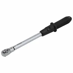 Ratcheting micrometer torque wrench with 3/8-inch square drive, adjustable from 15 to 75 ft-lb. Suitable for precise tightening of fasteners in automotive, industrial, and equipment maintenance applications. Tether capable.