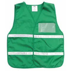 Green polyester safety vest with hook-and-loop closure. Universal size for layering over workwear. Used for high-visibility personal protection in industrial, construction, and warehouse environments.