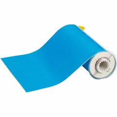 Continuous label roll for thermal transfer printing. Polyester material with light blue gloss finish, rated for outdoor use. Compatible with PowerMark printer series. Used for durable identification of pipes, equipment, and safety signage in industrial environments.