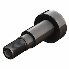 Eccentric yoke shaft with 4-7/8 in overall length, 2 in head diameter, and 7/8 in head length. Shaft thread size is 1"-14. Used in conveyor systems and material handling equipment to guide and support loads, with eccentric design for precise roller alignment adjustment.