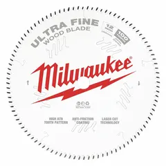 Carbide circular saw blade with 12 in diameter, 100 teeth, 0.12 in cut width, and 1 in arbor. Designed for cutting wood materials in framing, trim work, and general woodworking applications.