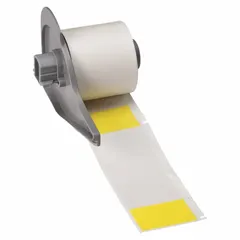 Yellow matte vinyl precut wraparound label measuring 4 in x 1 1/2 in, designed for wire diameters from 0.43 in to 0.96 in. Compatible with BMP71 printer series using M7-R4300 ribbon. Used for permanent identification of wires and cables in industrial environments.