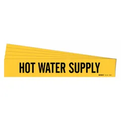 Yellow adhesive pipe marker with black legend reading 'Hot Water Supply' without arrows. Designed for pipe outer diameters from 2-1/2 to 7-7/8 inches. Each pack contains 5 markers for identifying hot water supply lines in industrial piping systems.