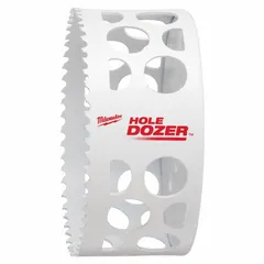 This bi-metal hole saw cuts through wood, metal, and plastic. With a 4-1/8 in diameter and 3.5 teeth per inch, it achieves a maximum cutting depth of 1-5/8 in. The 5/8-18 thread fits standard arbors. Suitable for electrical, plumbing, and HVAC installations.