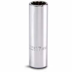 This 3/8" drive hand socket features a 13/16" socket size with a 12-point configuration and deep profile. Constructed from chrome, it is suitable for use with SAE fasteners in applications requiring extended reach and torque transmission.