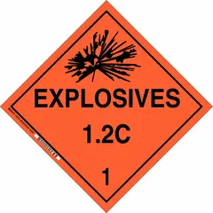 This BRADY placard is used for identifying hazardous materials classified as Class 1: Explosives 1.2 C 1. It measures 10 3/4 in x 10 3/4 in with a label height of 10 3/4 in. The placard displays the message 'Explosives 1.2 C 1' and is designed for use on shipping containers, vehicles, or storage areas to meet DOT placarding requirements.